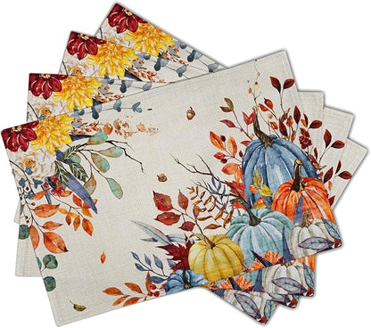 Giwawa Fall Thanksgiving Placemats Set of 4 Watercolor Autumn Pumpkins Floral Linen Table Mats 12x18 Inch Washable Heat Resistance for Kitchen Dining Farmhouse Holiday Decor