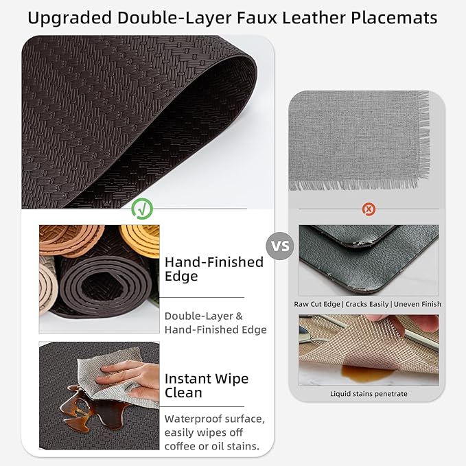 Round Faux Leather Placemats Set of 4 – 13 Inch Vinyl Table Mats, Heat Resistant, Non Slip, Wipeable & Washable, Easy to Clean Dining Table Decor for Kitchen & Dining（Dark Brownish Black）