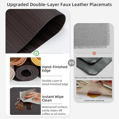 Round Faux Leather Placemats Set of 4 – 13 Inch Vinyl Table Mats, Heat Resistant, Non Slip, Wipeable & Washable, Easy to Clean Dining Table Decor for Kitchen & Dining（Dark Brownish Black）