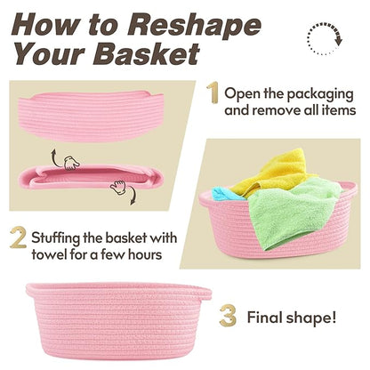 Pro Goleem Small Woven Basket with Gift Bags and Ribbons Durable Baskets for Gifts Empty Small Rope Basket for Storage 12"X 8" X 5" Baby Toy Basket with Handles, Pink