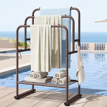 ELYKEN 40'' Tall Standing Towel Racks, 3 Tier Towel Drying Rack Outdoor, Pool Towel Stand Blanket Holder with Shelf & 4 Removable Hooks, Metal Freestanding Towel Racks for Bathroom, Smooth Silver