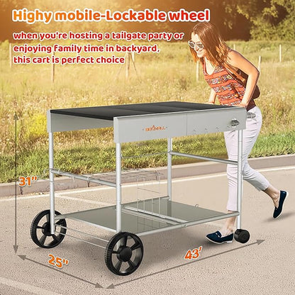Upgraded Pizza Oven Cart Table for Ooni Koda/Karu/Fyra 16 & 12, Movable Thicken & Widen Rolling Kitchen Cart, Outdoor Grill Stand for Ninja Woodfire,Blackstone Griddle,Barbecue Tool Set