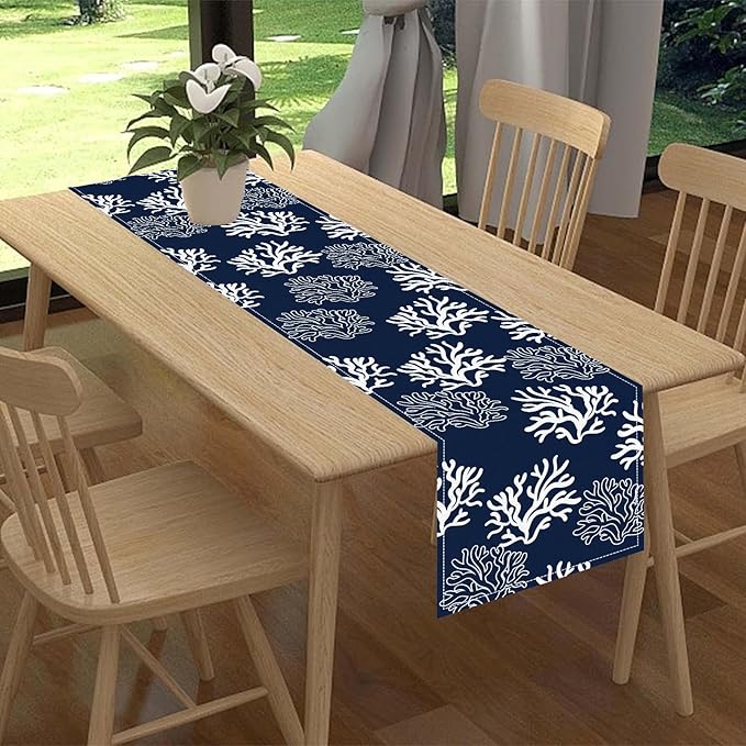 Coastal Table Runner, Summer Seasonal Beach Navy Blue Coral Nautical Tropical Ocean Marine Farmhouse Rustic Table Center Decor for Home Kitchen Dining Patio Indoor Outdoor Decorations, 13"x72" Inch