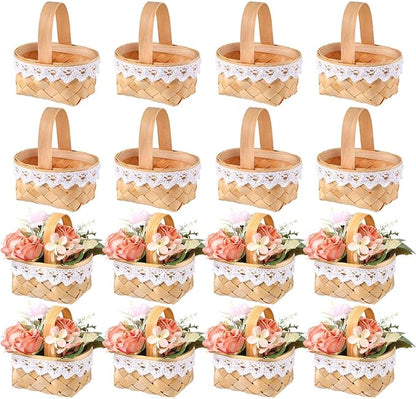 Geelin 12 Pcs Mini Flower Girl Basket Mini Woven Baskets with Handles Rustic Elegant Flower Holder for Wedding Party, Home Decoration, Garden Decor and DIY Decor