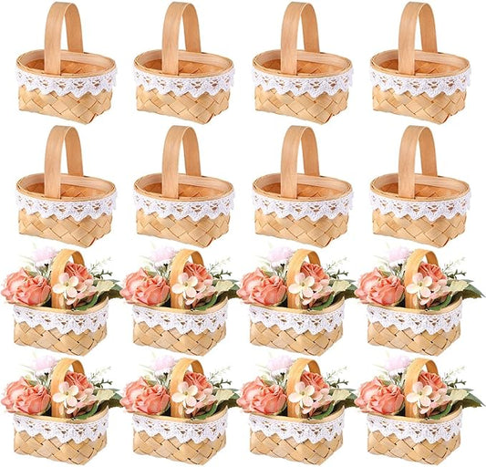 Geelin 12 Pcs Mini Flower Girl Basket Mini Woven Baskets with Handles Rustic Elegant Flower Holder for Wedding Party, Home Decoration, Garden Decor and DIY Decor
