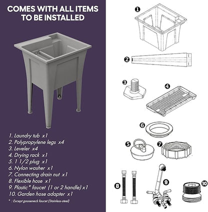 Freestanding Utility Sink with One Handle Black Faucet - 24" Plastic Utility Sink for Garage, Laundry, Indoor and Oudoor Use - Laundry Tub Kit by Noah William Home - Grey (19.5 gal)