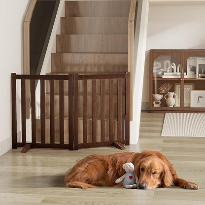24" Height Tall Freestanding Pet Gate, Solid Wood Folding Safety Fence Wooden Dog Gate with 2 PCs Support Feet Ideal for Stairs, Doorways, Halls, Kitchens, Heavy Duty Gates, 2 Panels, Walnut