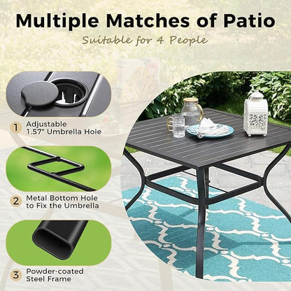 Outdoor Patio Square Dining Table, 37"x 37" Metal Slatted Tabletop with Adjustable Umbrella Hole, All Weather Wrought Iron Black Outdoor Table for Deck Lawn Garden Backyard, Black