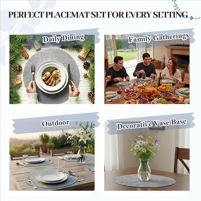 13'' Round Placemats Set of 6, PU Leather Table Mats, Non Slip Heat Resistant Waterproof Oilproof Washable Protective Wipeable for Dining Table, Kitchen, Party Decoration Indoor Outdoor, Gray