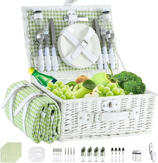Neti Neti Wicker Picnic Basket for 4 with Insulated Cooler & Waterproof Blanket – Large Willow Picnic Hamper for Outdoor, Camping, Beach, Romantic Dates, Valentine’s Day