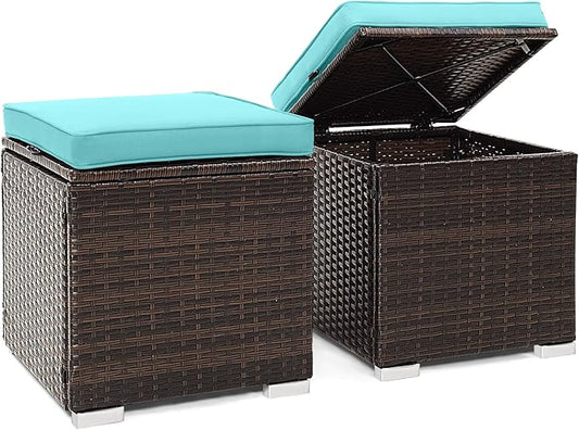 Tangkula 2 Pieces Patio Ottomans, Patiojoy Hand-Woven PE Rattan Side Table with Removable Cushion & Hidden Storage Space, Multifunctional Storage Box, Seat for Patio, Backyard, Poolside (Turquoise)