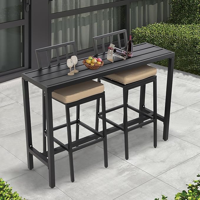 Outdoor Patio Bar Set, Bar Height Patio Dining Set, Weather-Resistant Bistro Counter Pub Set with Cushions & Slatted Tabletop for Backyard, Garden, Yard (47" Table, 2 "X Style Stool, Black)