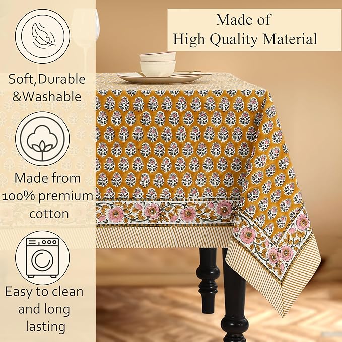 CPC Tablecloth 100% Cotton 60x60 Inch Indian Block Print Square Table Cover, Table Cloth for Weddings, Spring/Summer, Barbeque - Yellow Citrine