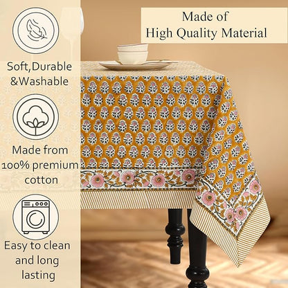 CPC Tablecloth 100% Cotton 72x140 Inch Indian Block Print Rectangle Table Cover, Yellow Table Cloth for Weddings, Spring/Summer, Barbeque - Yellow Citrine