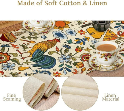 Farm Animal Table Runner, Boho Folk Style Country Rustic Farmhouse Rooster Flower Print Table Runner for Home Kitchen Dining Holiday Decor, 13x70inch