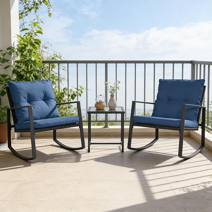 SUNCROWN 3 Piece Outdoor Rocking Bistro Set Black Wicker Furniture Porch Chairs - Image 4
