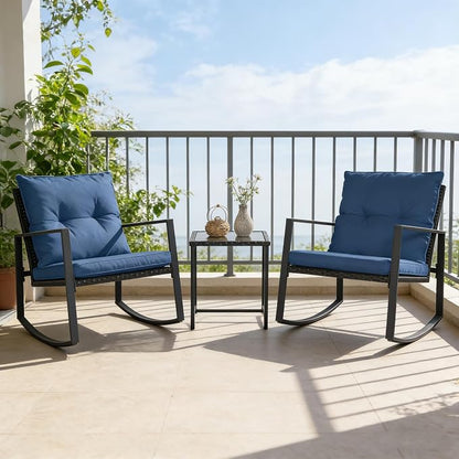 SUNCROWN 3 Piece Outdoor Rocking Bistro Set Black Wicker Furniture Porch Chairs - Image 4