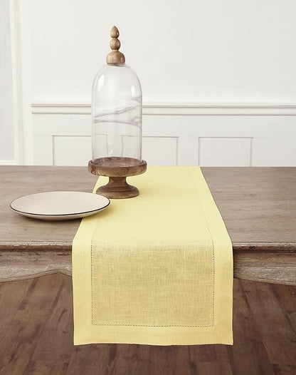 Solino Home Linen Yellow Table Runner 132 Inches Long - 100% Pure Linen Extra Long Table Runner 14 x 132 Inch for Valentines, Spring, Easter - Classic Hemstitch
