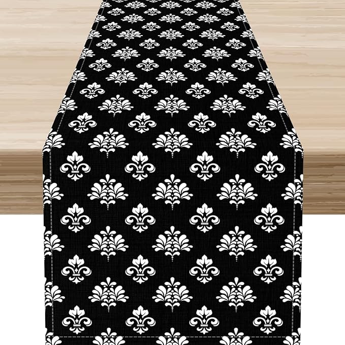 Damask Table Runner, Antique Gothic Black Floral Boho Flower Pattern Rustic Vintage Retro Coffee Table Center Decor for Kitchen and Dining Outdoor Home Country Party Table Decorations, 13"x90"