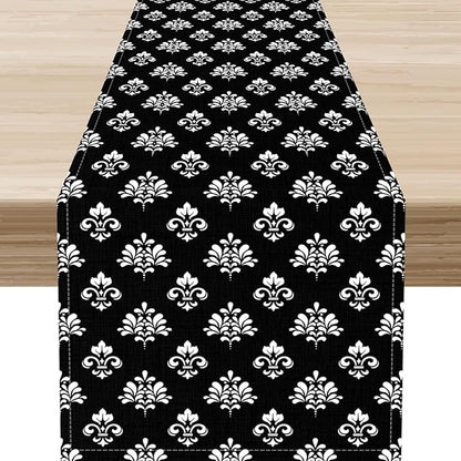 Damask Table Runner, Antique Gothic Black Floral Boho Flower Pattern Rustic Vintage Retro Coffee Table Center Decor for Kitchen and Dining Outdoor Home Country Party Table Decorations, 13"x36"