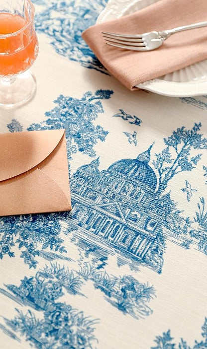 patdrea Designer Vintage Cyan Long Tablecloth for Rectangle Table,Linen Ancient Castle and Manor Pattern Tablecloths,Table Cover Decor for Kitchen Dining Christmas,Thanksgiving,63"x102"-Lucerne a