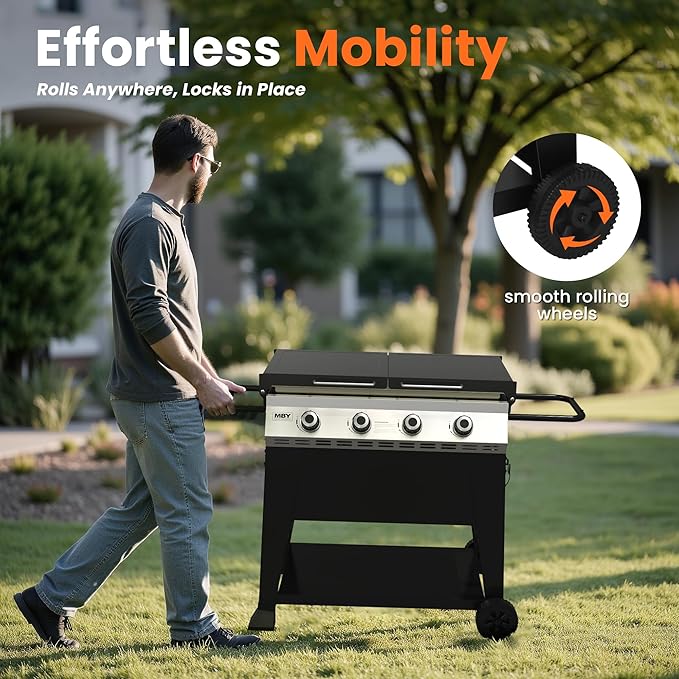 28 Inch Outdoor Flat Top Gas Propane Griddle with 3 Burners 36,000BTU,Powder Coated Steel Portable Gas Grill with Side Shelves for BBQ,Camping,Backyard