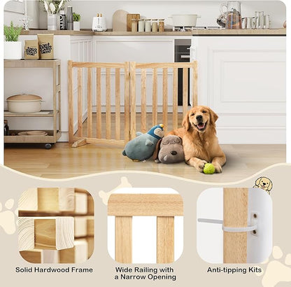 24" Height Tall Freestanding Pet Gate, Solid Wood Folding Safety Fence Wooden Dog Gate with 2 PCs Support Feet Ideal for Stairs, Doorways, Halls, Kitchens, Heavy Duty Gates, 2 Panels, Natural