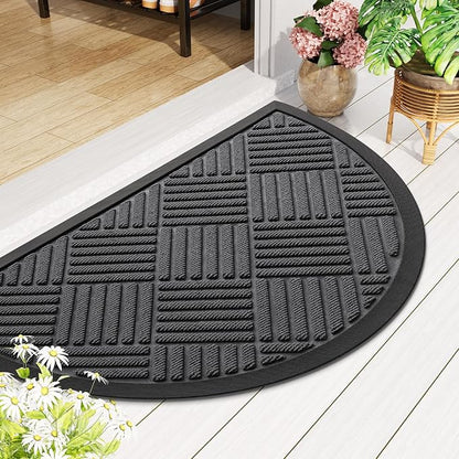 Smiry Half Circle Front Door Mat Outside Entrance,Heavy Duty Outdoor Indoor Natural Rubber Doormat,Non Slip,Trap Dirt and Moisture,Easy Clean,Low Profile Patio Porch Entryway Mat,29.5x17, Light Grey