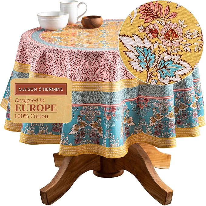 Maison d' Hermine Table Cloth Round Table 100% Cotton 69 Inches Tablecloth Reusable Decorative Everyday Use for Dining Room, Farmhouse, Home, Party, Festive & Wedding Spring Summer - Marquise