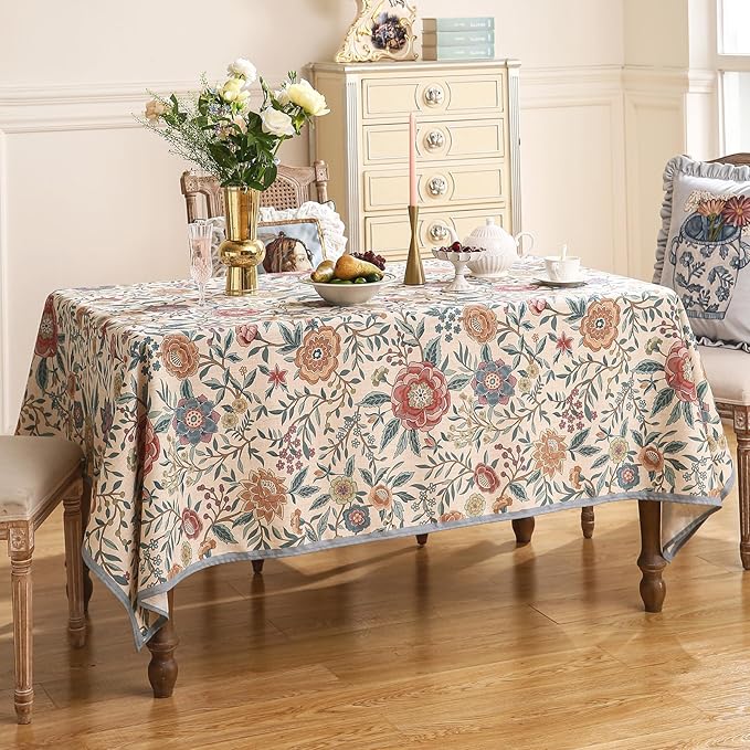 Designer Vintage Linen Rectangle Tablecloth,William Morris Floral Table Cloth with Colorful Pattern,Decor Table Cover for Kitchen,Dining,Thanksgiving,Christmas,55"*87"-Flowershadow a