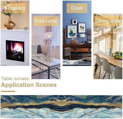 Marble Table Runner, Blue Texture Abstract Art Print Table Runner for Indoor Home Living Room Party Dining Kitchen 13x120in