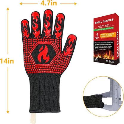 QUWIN BBQ Gloves, Oven Gloves 1472℉ Extreme Heat Resistant, Grilling Gloves Silicone Non-Slip Oven Mitts, Kitchen Gloves for BBQ, Grilling, Cooking, Baking-1 Pair… (One Size(Long Cuff), Red)