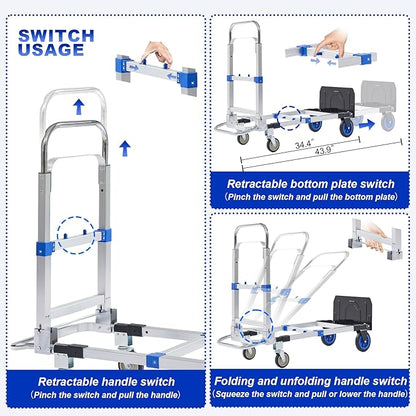 Upgraded 3 in 1 Aluminum Folding Hand Truck, 600lbs Capacity, Heavy Duty Convertible Dolly with Retractable Handle and 4 Rubber Wheels, Collapsible Cart for Moving Home, Office, Warehouse (Blue)