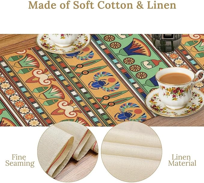Egyptian Print Table Runner, Egyptian Ornament Scarab Flower Abstract Design Table Runner for Dining Kitchen Party Outdoor Holiday 13x90in