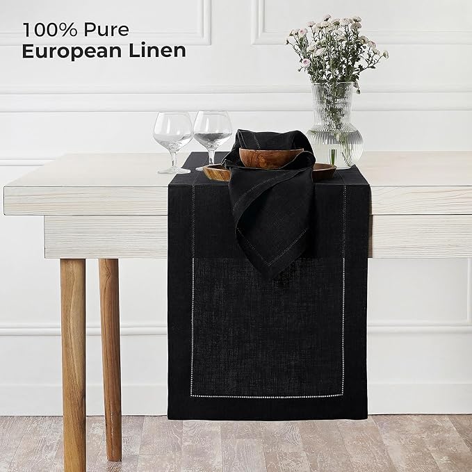 D'Moksha Homes Linen Black Table Runner 144 Inches Long - 100% Pure Linen Extra Long Table Runner 14 x 144 Inch for Spring, Easter - Classic Hemstitch