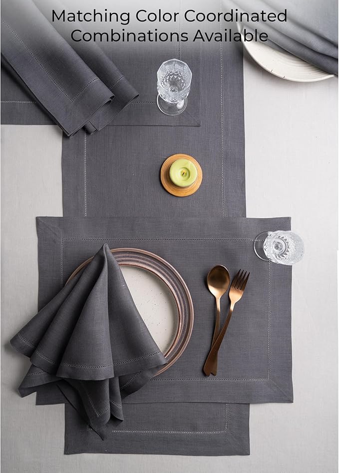 D'Moksha Homes Linen Charcoal Grey Table Runner 60 Inches - Classic Hemstitch, 100% Pure Linen Coffee Table Runner 14 x 60 Inch Ideal for Dresser Tables - Spring, Easter