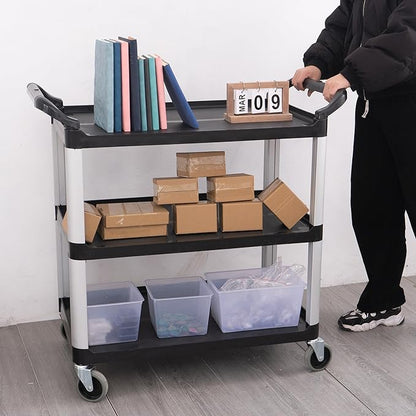 Matthew Plastic Large Utility Carts with Wheels,Heavy Duty 400lbs Capacity Rolling Service Cart,3-Tier Restaurant Food Cart with Hammer for Office,Warehouse,Garage - 2 Handles Black 41"H x 38"W x 20"D