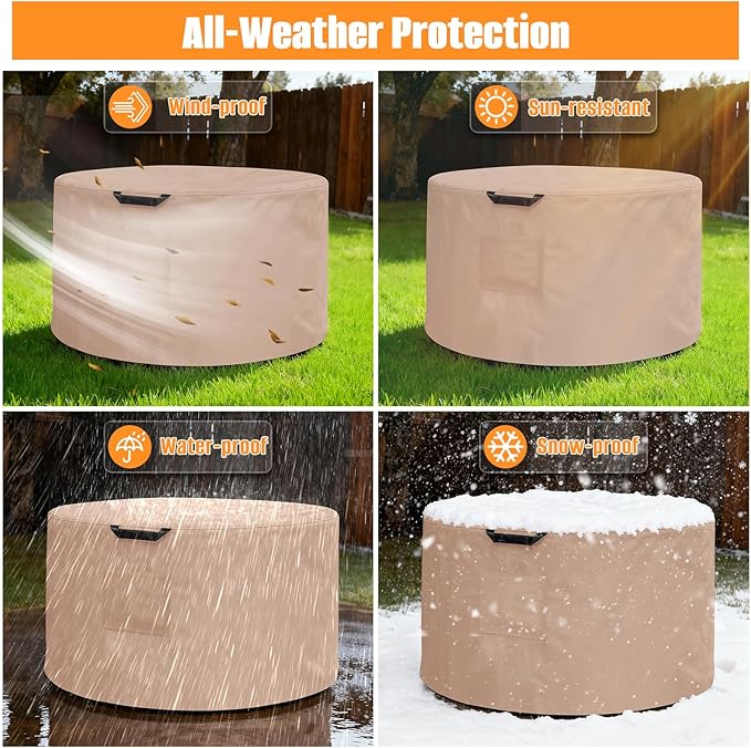 Kovshuiwe Round Fire Pit Cover-600D Fabric Waterproof and Resistant Material, Fits Outdoor For 34-36 Inch Fire Pit /Table Cover, Patio Fire Bowl Cover-36"DIA x 20"H, Khaki