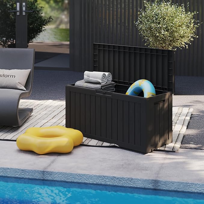 TARKARI 90 Gallon Lockable Resin Deck Box with Wheels, Waterproof & UV-Resistant Outdoor Storage Box for Outdoor Cushion Storage, Garden Tools & Pool Accessories Storage, Black