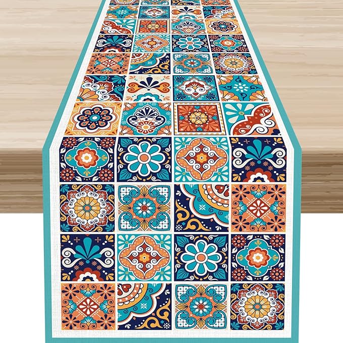 Mexican Table Runner, Blue Rustic Mexico Talavera Ceramic Hand Painted Tiles Cinco De Mayo Coffee Table Center Decor for Family Kitchen and Dining Patio Indoor Outdoor Table Decorations, 13" X 90"