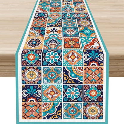 Mexican Table Runner, Blue Rustic Mexico Talavera Ceramic Hand Painted Tiles Cinco De Mayo Coffee Table Center Decor for Family Kitchen and Dining Patio Indoor Outdoor Table Decorations, 13" X 72"