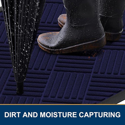 Smiry Front Door Mat Outside Entrance, Heavy Duty Outdoor Indoor Mat, Natural Rubber Doormat, Non Slip, Trap Dirt and Moisture, Easy Clean, Low Profile Patio Porch Entryway Mat, 29.5x17, Black Blue