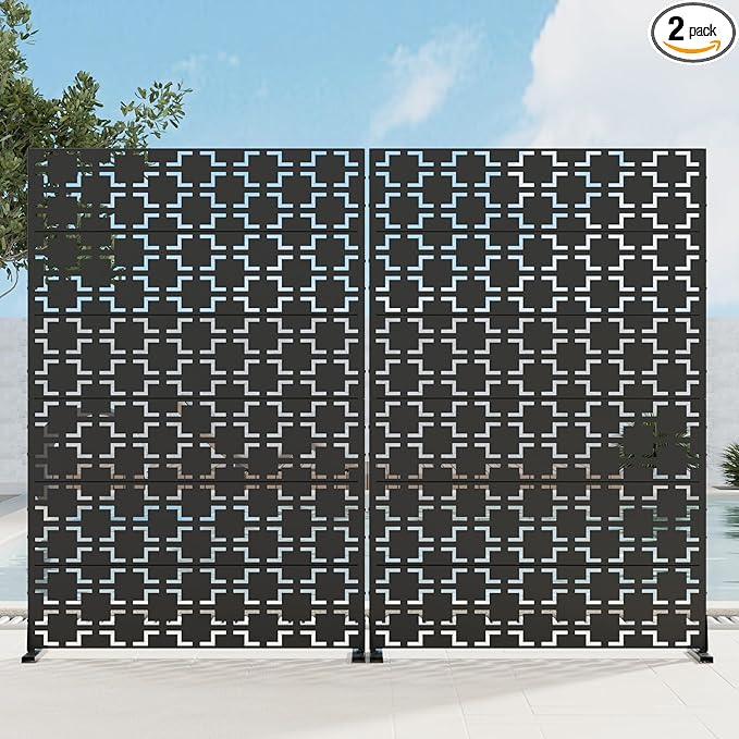 Casaphoria Metal Privacy Screen 72" H x 45" W, 2 Pack Outdoor Freestanding Decorative Divider for Patio & Garden with Stable Base, Black-Brick