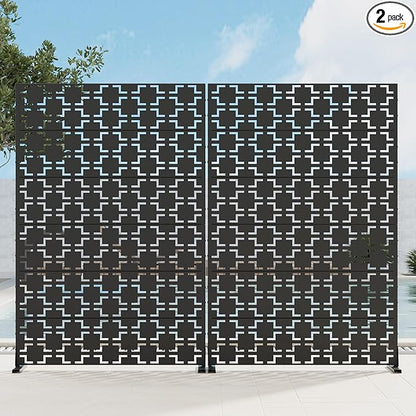 Casaphoria Metal Privacy Screen 72" H x 45" W, 2 Pack Outdoor Freestanding Decorative Divider for Patio & Garden with Stable Base, Black-Brick