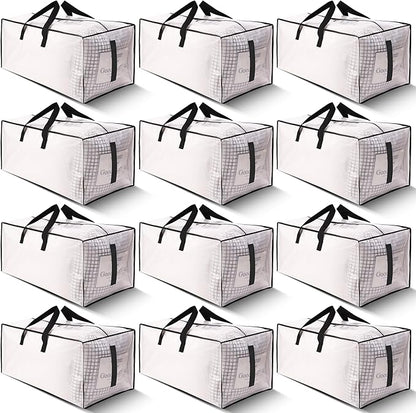 12 Pack Large Strong Moving Bags with Zippers & Carrying Handles - Water-Resistant - Heavy Duty Storage Tote for Space Saving, Fold Flat, Alternative to Moving Box (Semi-Transparent)