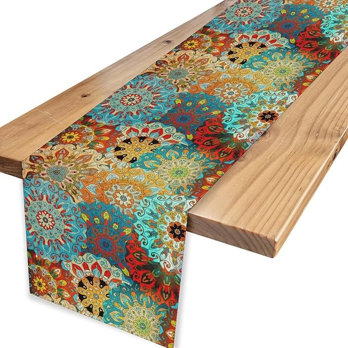 Bohemian Mandala Table Runner, Vintage Colorful Boho Geometric Floral Flower Antique Paisley Rustic Coffee Table Center Decor for Family Kitchen and Living Room Outdoor Table Decorations, 13"x36"