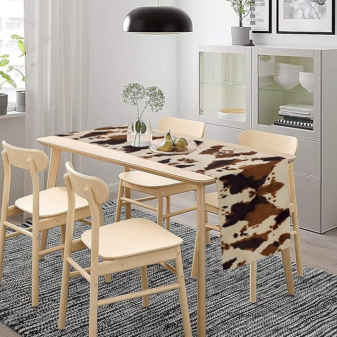 Cowhide Print Table Runner, Western Farm Animal Fur Wildlife Rustic Table Runner for Kitchen Farmhouse Dining Home Banquet Party 13x120in
