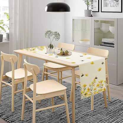 Yellow Wild Flowers Table Runner, Rustic Farmhouse Watercolor Daisy Floral Branches Bees Print Table Runner for Kitchen Dining Room Party Picnic Table Decor, 13x36inch