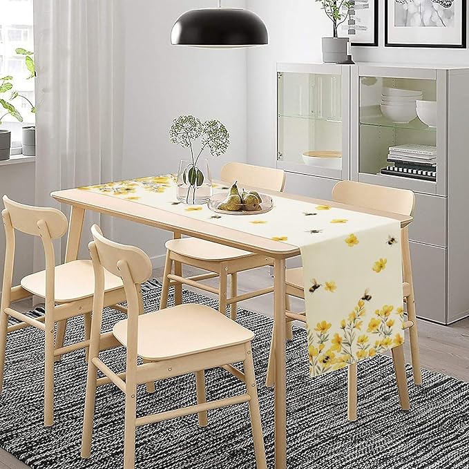Yellow Wild Flowers Table Runner, Rustic Farmhouse Watercolor Daisy Floral Branches Bees Print Table Runner for Kitchen Dining Room Party Picnic Table Decor, 13x60inch
