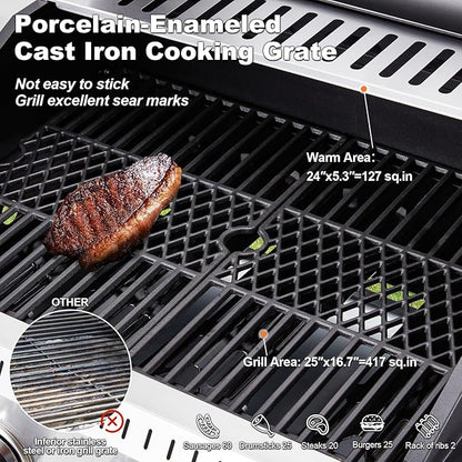 MELLCOM Stainless Steel 4 Burner BBQ Propane Gas Grill with Cast Iron Grates & Side Stove, Stainless Steel 44000 BTU Burner Barbecue Grill for Patio,Camping, Outdoor Cooking